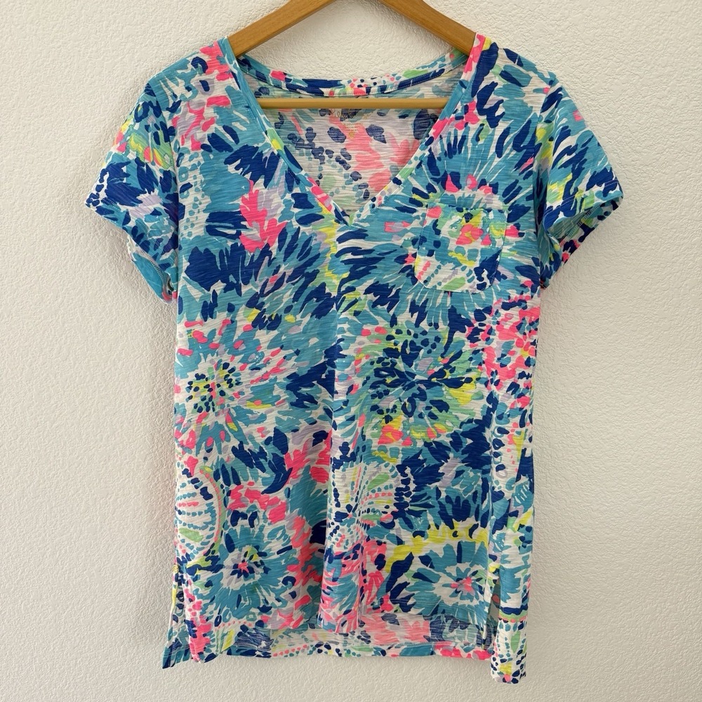 Lilly Pulitzer Meredith S/S V Neck Tee Shirt Medium Multicolor Beachy PRISTINE